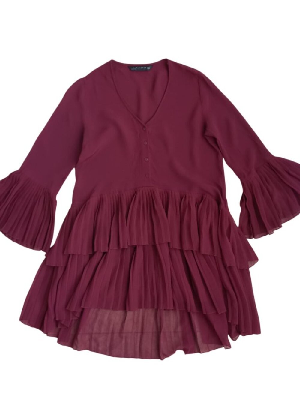 ZARA Burgundy Ruffle Mini Dress Size XS – Pleated Tiered Flowy Boho Chic Dress